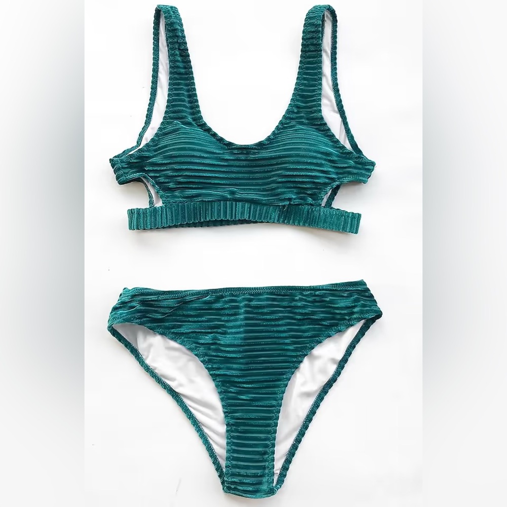Cupshe Teal Velvet Ribbed Bikini Set Womens Size Small